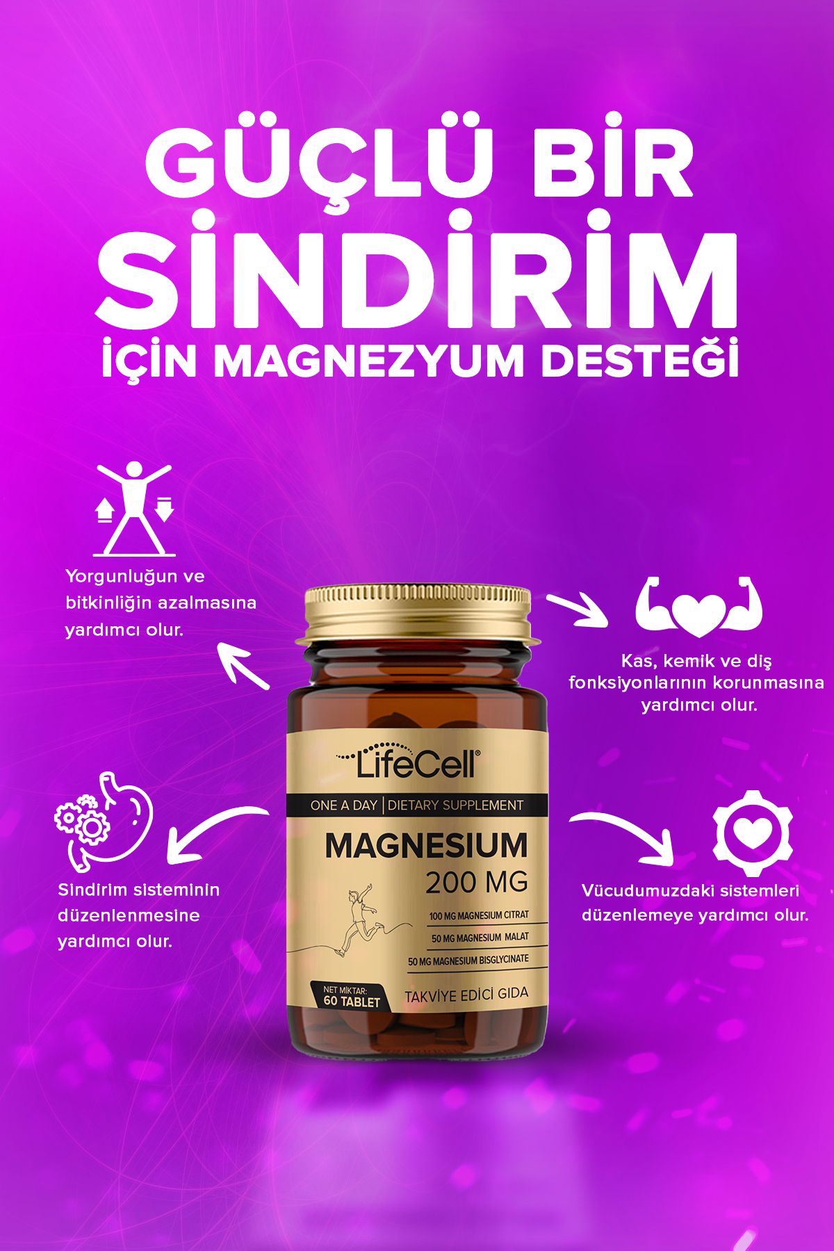 منیزیم سیترات،مالات،بی گلیسینات ۲۰۰ میلی گرم Lifecell - بسته ۶۰ عددی - تصویر 2