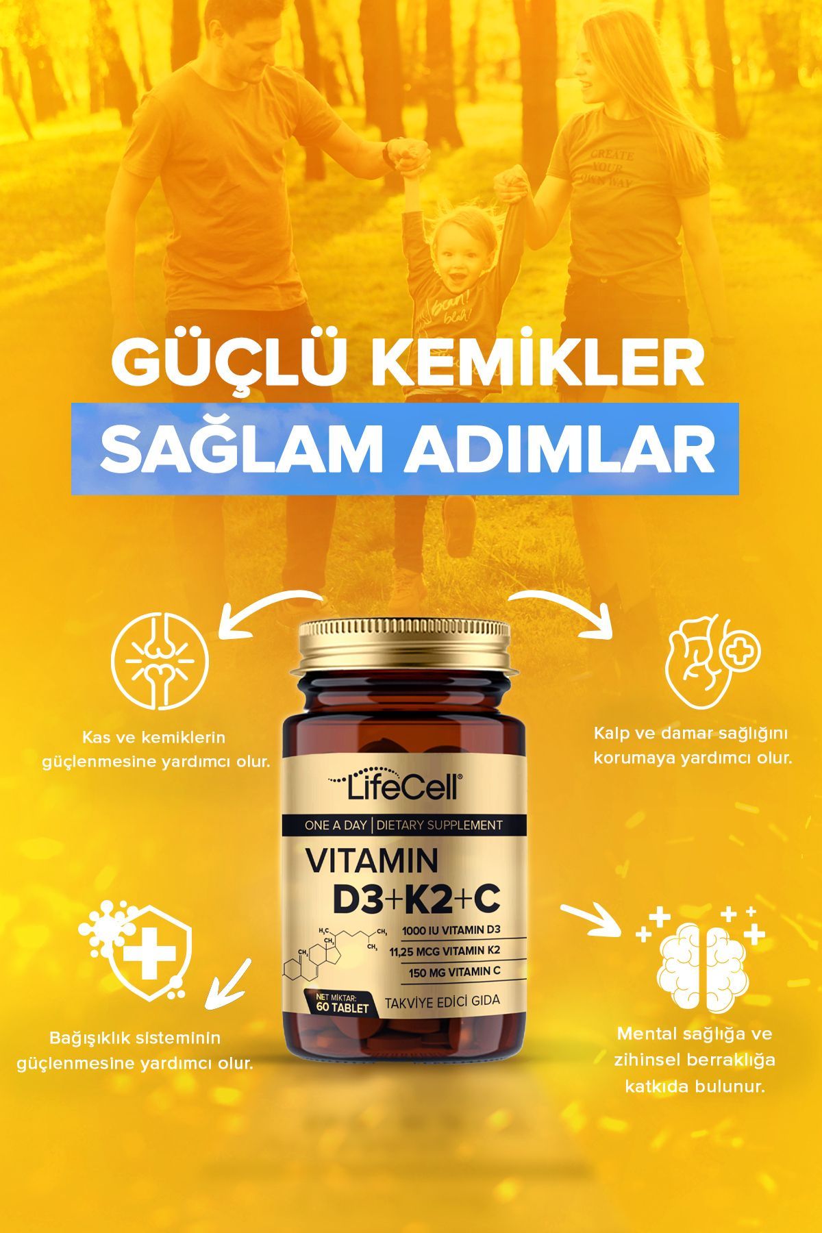 قرص ویتامین D3 K2 C برند Lifecell - بسته ۶۰ عددی