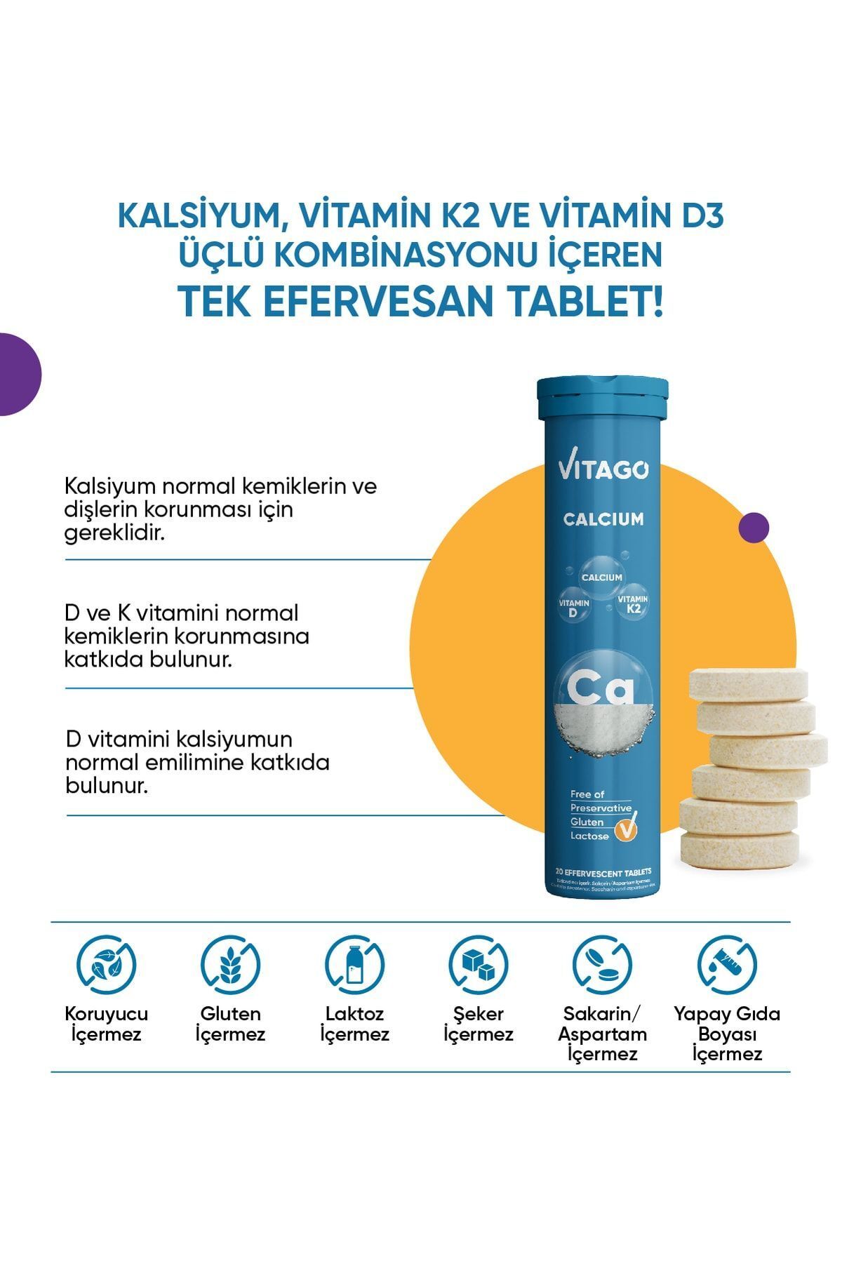 قرص جوشان پروکلسیم، ویتامین D و K2 برند Vitago - بسته 20 عددی
