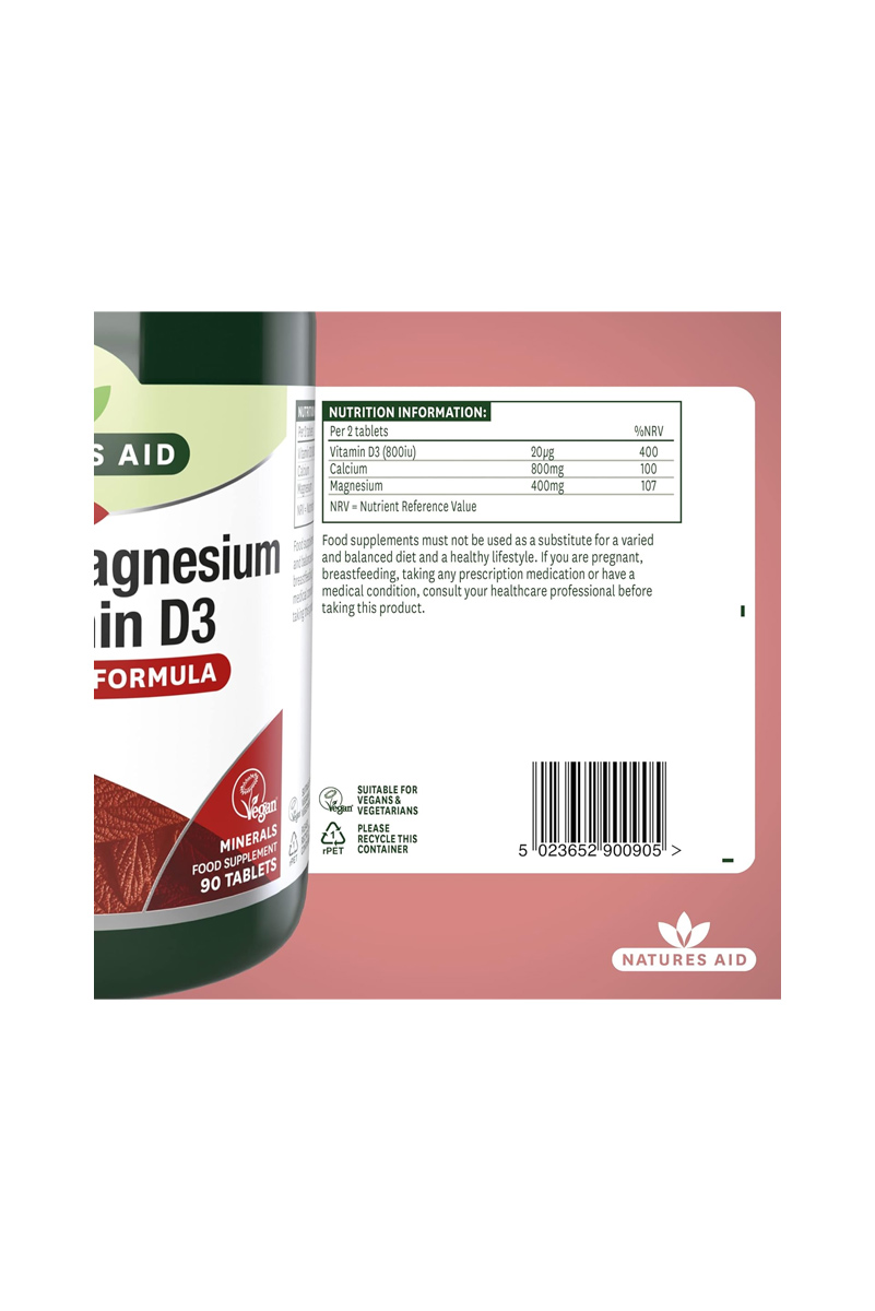 قرص کلسیم، منیزیم و ویتامین D3 برند Natures Aid - بسته 90 عددی